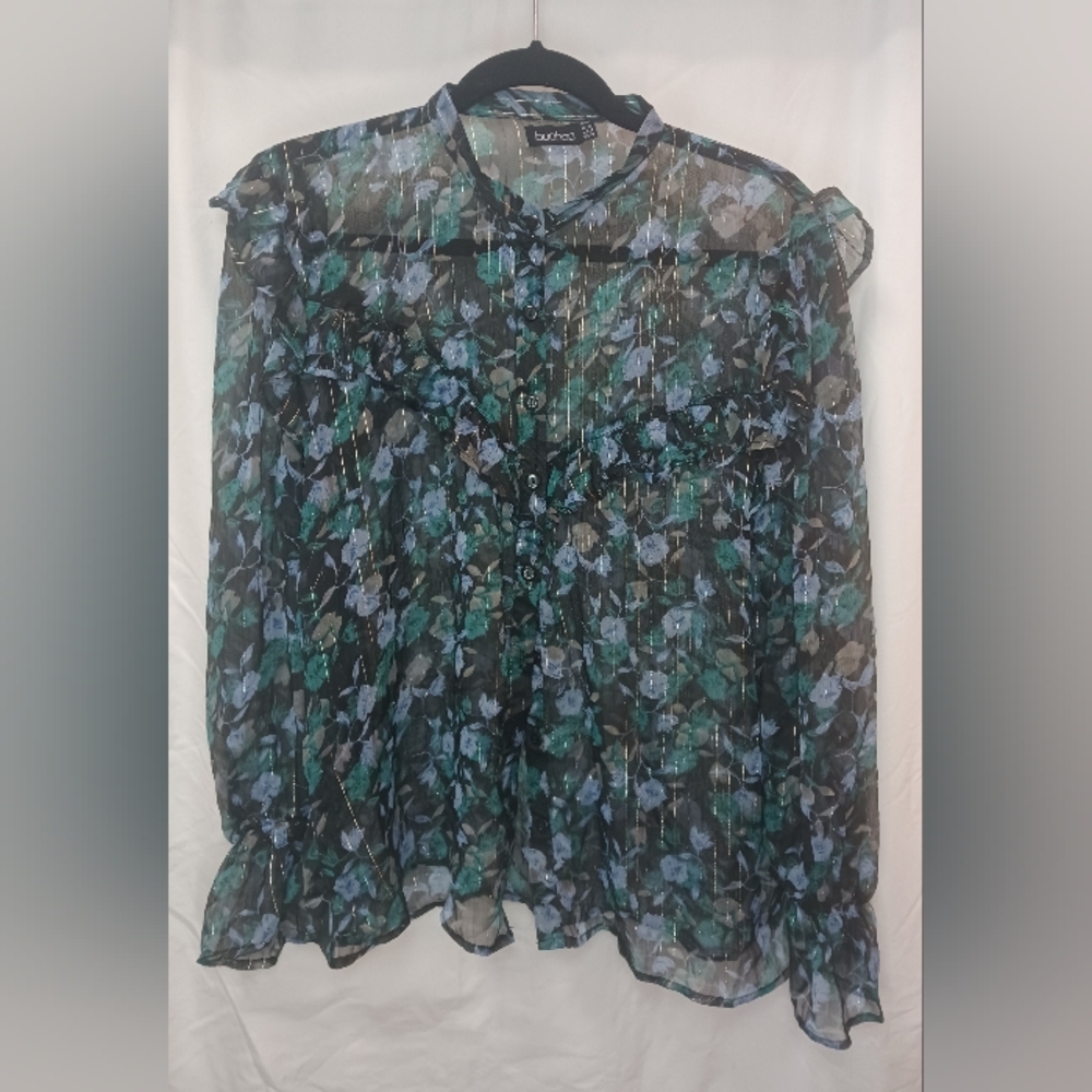 PLUS - FLORAL HIGH NECK BLOUSE WITH RUFFLES